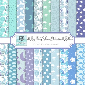 20 Boy Baby Shower Elephants and Ballons Baby Blue Pattern Paper Backgrounds