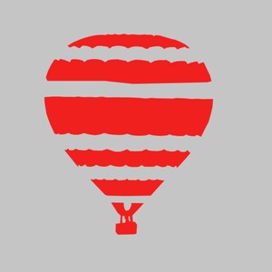 May include: A red and white striped hot air balloon with a white outline. The balloon is against a light gray background.