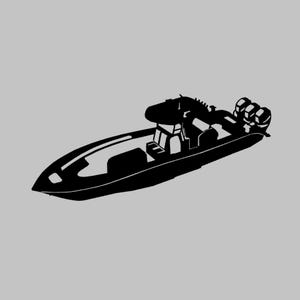 Puede incluir: Ilustración de lancha motora negra sobre fondo gris. La embarcación presenta un diseño elegante con un motor detallado y zona de asientos. La imagen es una representación gráfica simple de una embarcación recreativa.