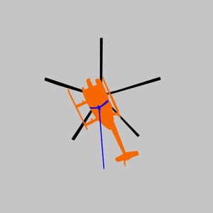 May include: An orange helicopter with black blades is suspended in the air by a blue rope. The helicopter is facing downwards with the tail rotor visible.