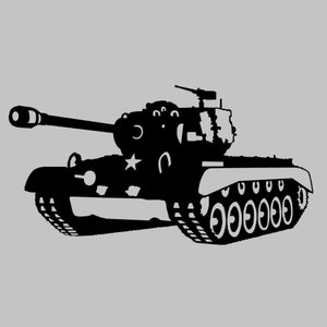 May include: A black silhouette of a military tank with a large cannon pointed forward. The tank has a star on the side.