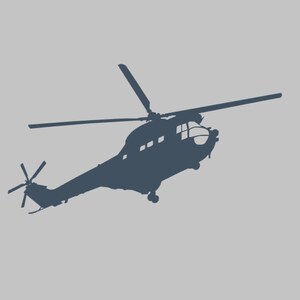 May include: A dark blue silhouette of a helicopter against a light gray background.