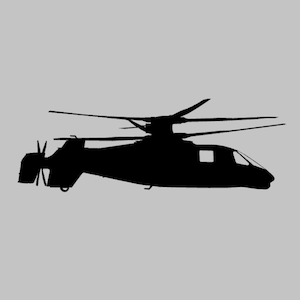 Op de afbeelding: Een zwart silhouet van een helikopter in de vlucht tegen een lichtgrijze achtergrond.