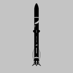 May include: A black and white illustration of a rocket against a gray background. The rocket has a pointed nose and multiple stages, with the words "BLUE ORIGIN" visible on the side. The rocket is designed for space travel.