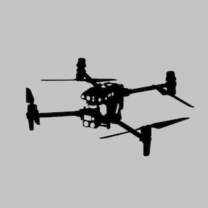 May include: A black silhouette of a drone, featuring four rotors and a central structure, set against a grey backdrop. The drone's design includes multiple cameras and sensors, suggesting advanced functionality. The image highlights the drone's aerial capabilities.