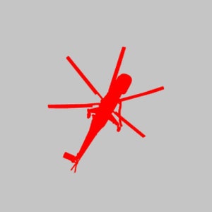 Puede incluir: Una silueta roja de un helicóptero con cuatro palas, vista desde arriba.