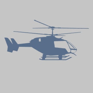 Puede incluir: Una silueta azul de un helicóptero sobre un fondo gris claro.