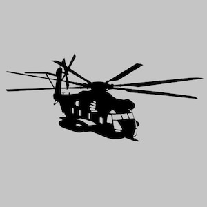 May include: A black silhouette of a large military helicopter with multiple blades.
