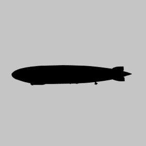 May include: A black silhouette of a blimp or airship flying in the sky.