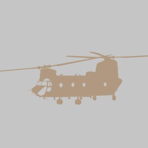 Peut inclure: Une silhouette brune d'un grand hélicoptère militaire avec un seul rotor sur le dessus.