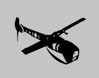 May include: A black silhouette of a helicopter against a light gray background.