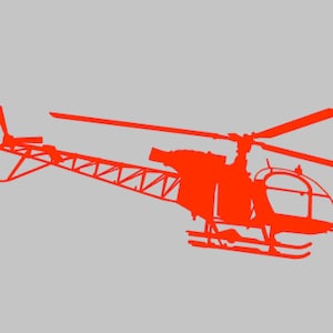 May include: A red silhouette of a helicopter with a cage-like structure on the side.
