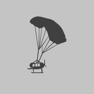 May include: A black silhouette of a parachute with a helicopter attached to it, against a light grey background.