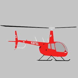 Puede incluir: Un helicóptero rojo con un rotor y cola negros. El helicóptero tiene un parabrisas gris y el número 3 en la cola. El texto "N387SU" está impreso en el lateral del helicóptero.