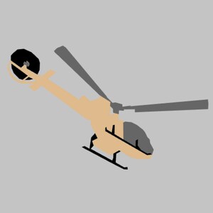 May include: A tan and gray helicopter illustration against a gray background. The helicopter has two gray blades, a black rotor, and a black base. The body of the helicopter is tan with a gray cockpit.