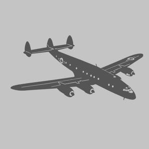 May include: A dark gray illustration of a vintage airplane with four engines and a distinctive tail design. The aircraft is depicted in a side profile against a light gray background, showcasing its wings and fuselage.