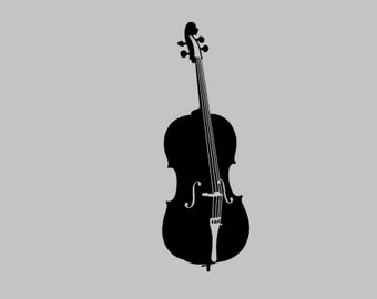 May include: A black silhouette of a cello with a light gray background.
