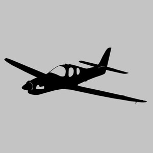 May include: A black silhouette of a small airplane against a gray background. The plane has a single propeller, wings, and a tail. The image is a simple, graphic representation of an aircraft.