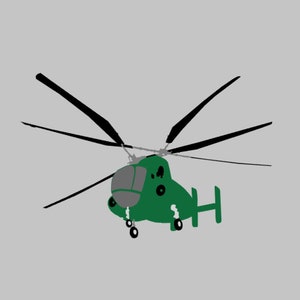 May include: A green helicopter with black blades and a gray nose. The helicopter is in flight.