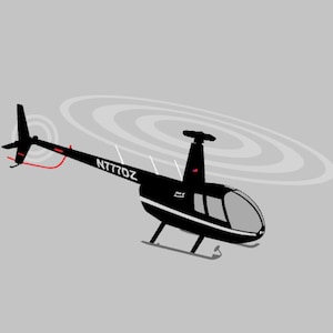 Op de afbeelding: Een zwart-wit illustratie van een helikopter met de tekst "N7710Z" op de zijkant. De helikopter heeft een rode draad en een witte streep. De achtergrond is lichtgrijs.
