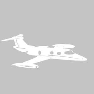 May include: A white jet airplane illustration against a gray background. The aircraft features a streamlined fuselage, wings, and tail, with visible windows and engine details. The design is simple and modern, suitable for aviation-themed products.