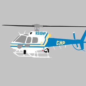 Op de afbeelding: Een witte en blauwe helikopter met het registratienummer N518HP en de letters CHP aan de zijkant.