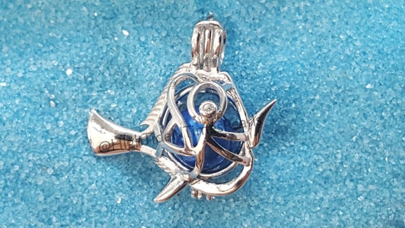 Sterling Silver 925 Blue Tang Fish Pearl Cage Pendant - Sterling Silver Pearl Cage Pendant