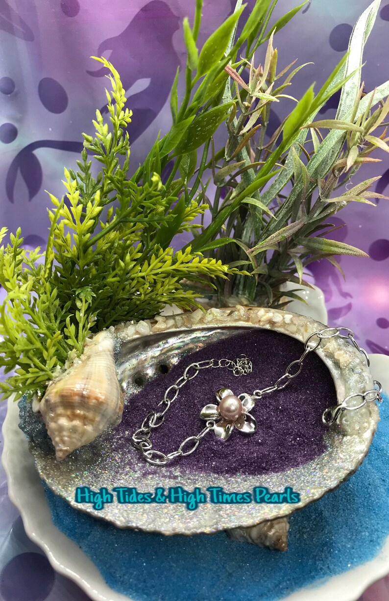 -Plumeria-SpringSummer Flower-Pastel Purple-Pearl Bracelet- Displays Not Included Sterling Silver .925-Adjustable- 7-8.5 inch
