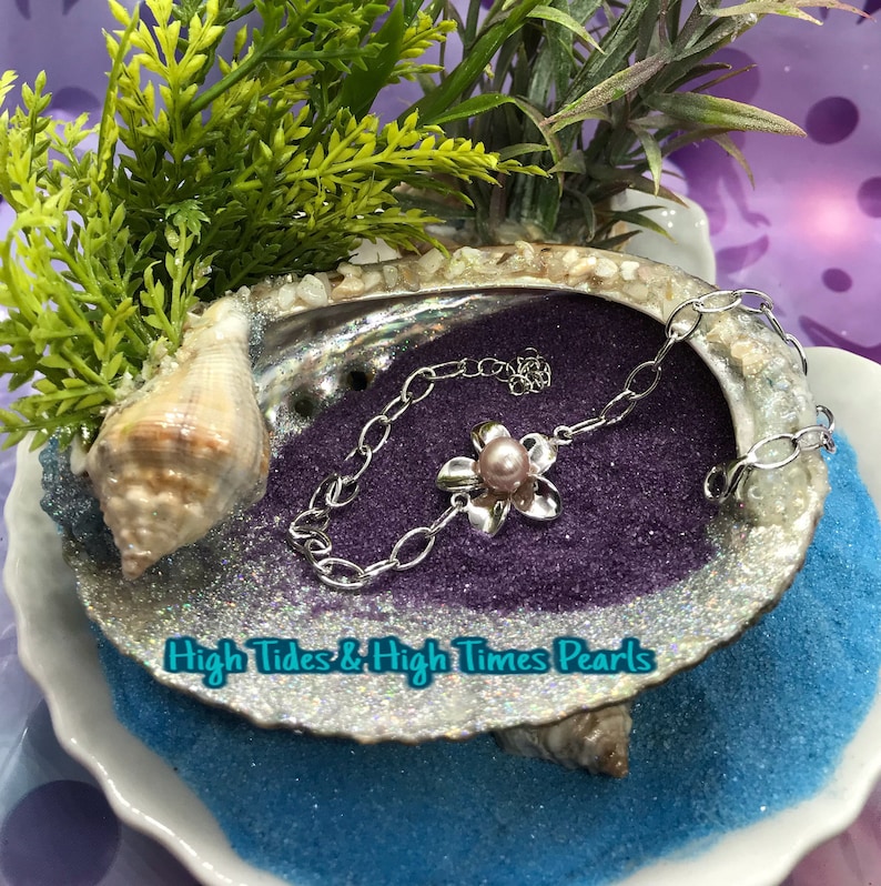 -Plumeria-SpringSummer Flower-Pastel Purple-Pearl Bracelet- Displays Not Included Sterling Silver .925-Adjustable- 7-8.5 inch