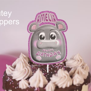 Personalized Hippo Birthday Cake Topper: Glitter Animal Party Decor