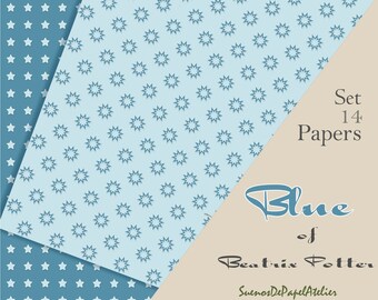 Blue Beatrix Potter papers kit, printable kit, ,seamless patterns, journal pages,Collage Sheet, Scrapbook digital, journal pack, DIY kit,