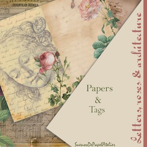 Papers letters architectur and roses papers background papers beautiful vintage  set roses  papers Commercial use Vintage papers