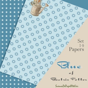 Blue Beatrix Potter papers kit, printable kit, ,seamless patterns, journal pages,Collage Sheet, Scrapbook digital, journal pack, DIY kit,