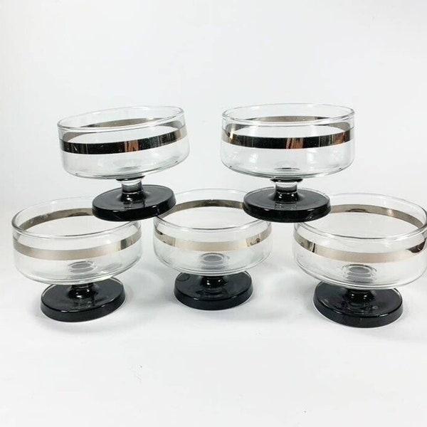 Lot 5 Mid Century Modern Silver Platinum Band Glass Champagne Glasses 3" Footed Drinking Glasses Barware Mid Century Modern