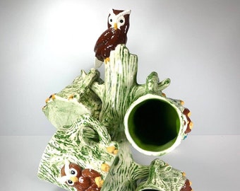 1970s Green Ceramic Owl Coffee Mug Tree Rack 6 Owl Cups Set Rare Eclectic Vintage Kitsch