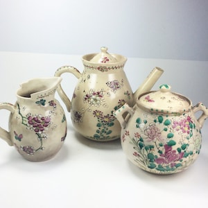 Moriage Tea Set, Vintage Hand Painted Japanese Porcelain, Cream and Florals, Vintage Teapot, Sugar, and Creamer