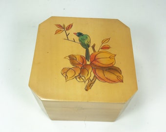 Vtg Wood Box - Painted Bird Trinket Box, Jewelry Box, jewelry Box, Memory Box with a Bird - Wooden Storage Box - Keepsake Box