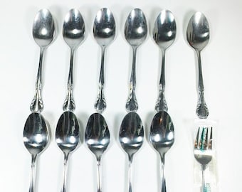 Estia 11 cucharas para la cena 1 tenedor para ensalada de acero inoxidable con mango floral, cubiertos vintage de Corea