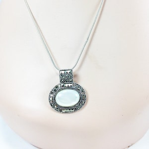 Mother of Pearl Sterling Silver Necklace with Marcasite - Vintage Necklace, 925, Silver Pendant, Vintage Silver and Marcasite