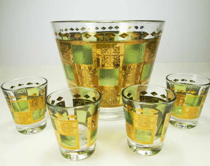 Mid Century Culver Prado Pattern Embossed Ice Bucket With 4 Shot