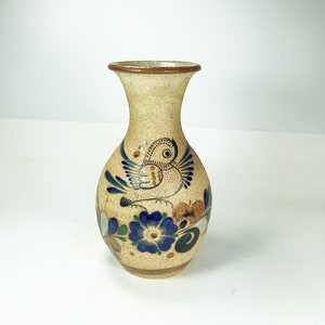 Vintage Tonala Vase, Made in Mexico, Artist Signed, Mexican Folk Art, Mexican Pottery Decor, Home Decor, Vintage Pottery, Bird and Flowers