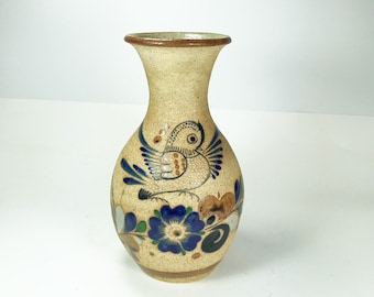 メキシコ陶器の花瓶、鳩、蝶、手描き、メキシコ、サイン入り