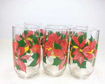 Vintage Christmas Glasses - Glassware - Sets of 6 - Poinsettia Glasses, Barware, Drinking, Holiday Glasses - Tumblers - High ball Glasses