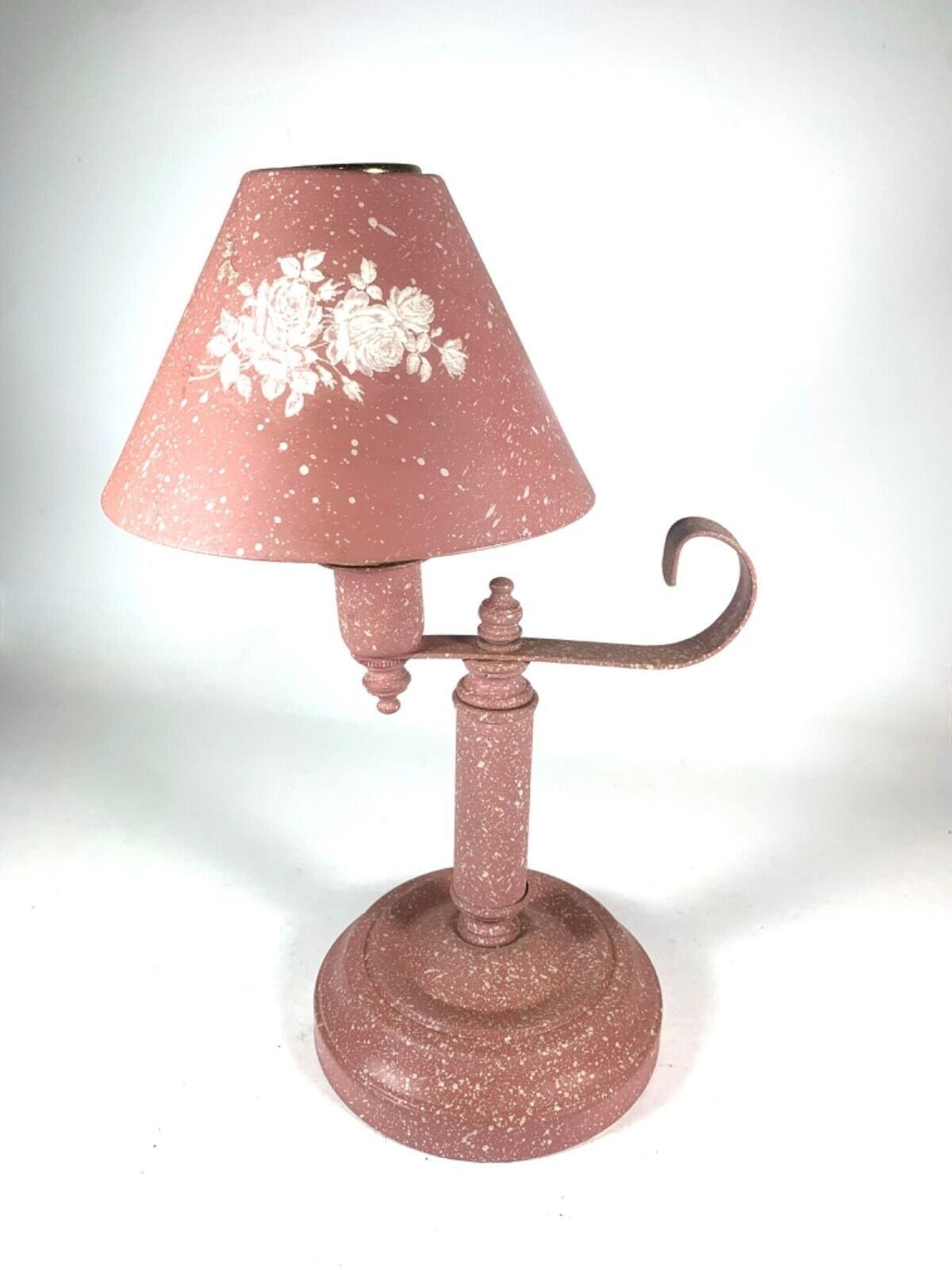 Vtg Tole Toleware Metal Candle Lamp 12" High Pink Cottage Core Shabby Florals