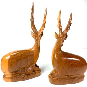 Pair VTG Impala Antelope Deer Gazelle Hand Carved Wood Figurine Statue MCM