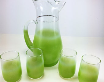 Vintage Green Glass Blendo Set - Lime Green Pitcher and Juice Glasses - 1950s Drink-ware - Retro Glassware - Vintage Kitchen - Mid Century
