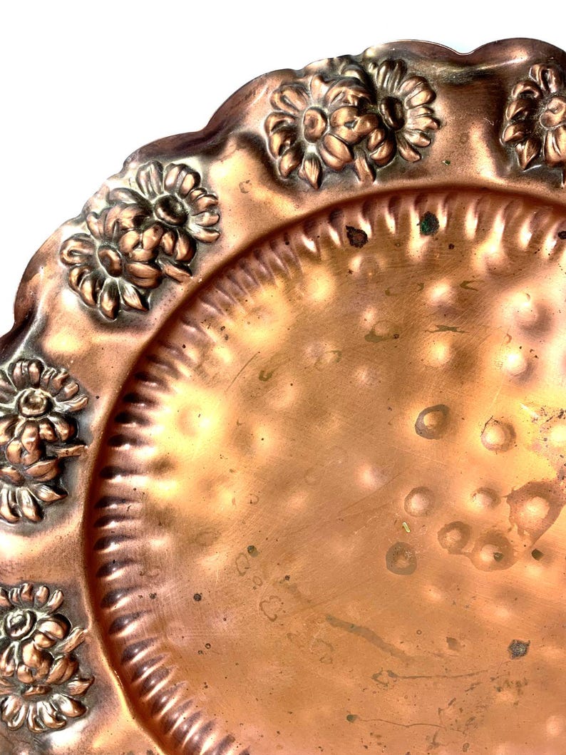Vtg Gregorian Copper 13 Hammered Tray Repousse Raised Flowers Charger