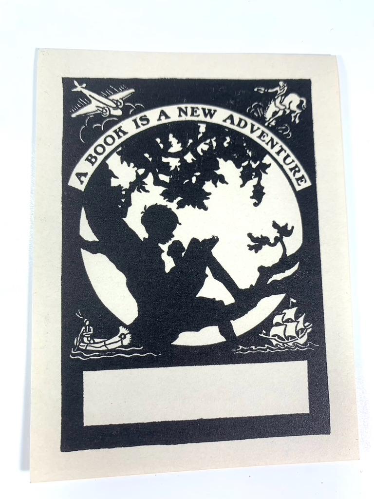 Set 5 Vtg Bookplates Antioch Bookplate? Gummed Adventure Ex Libris Book Labels Little Boy Ephemera Journal Book Making