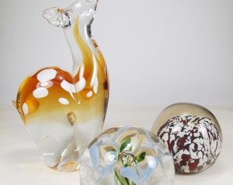 You choose Vintage Glass Paper weights - Deer Fawn, Flower and Abstract Colorful Glass - Mid-Century Hand Blown Glass Design