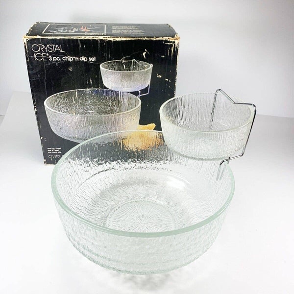 Vtg Indiana Glass Crystal Ice 3 Piece Chip n Dip Set 3612 Original Box Complete